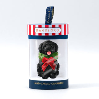 Black dog ornament in clear box with blue label and red bow scarf